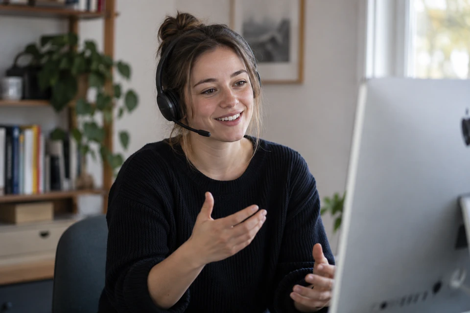 Friendly online Computer Science tutor teaching with a headset, desktop computer and graphic tablet